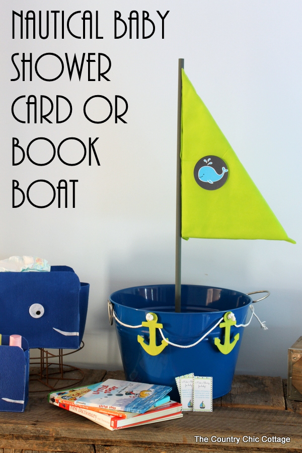 Nautical baby shower decor - make this boat for collecting cards or books during the shower. Comes with a printable insert to ask guests to bring books instead of cards.