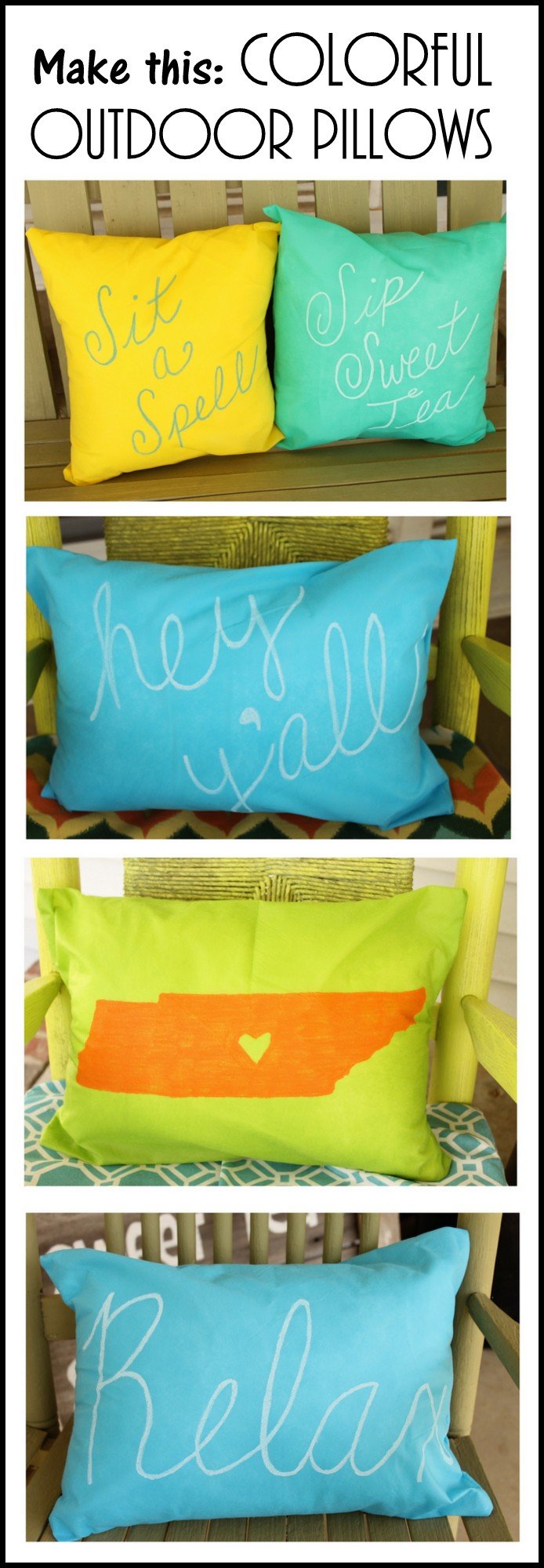 Fun and colorful outdoor pillow that you can make in just a few minutes!  Add fun quotes and more to the front with this simple technique!