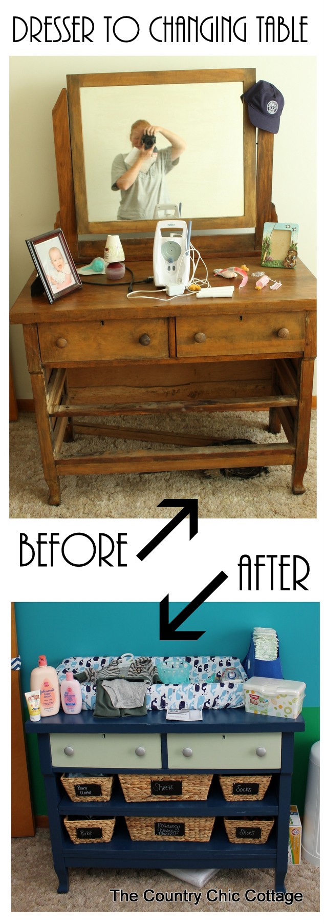 Turn a dresser into a changing table and more ideas in this nautical themed nursery!
