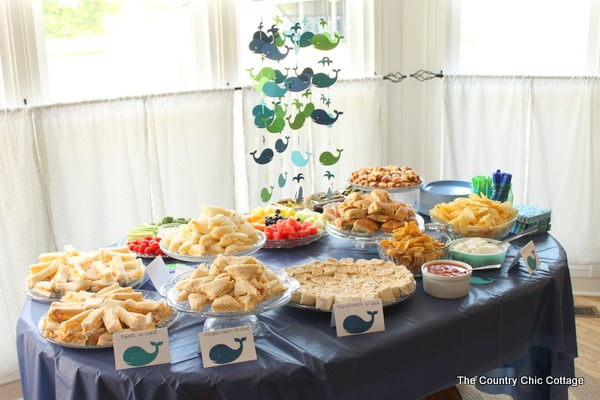 Finger sandwiches, dips, and other appetizers are the perfect party food for a baby shower.