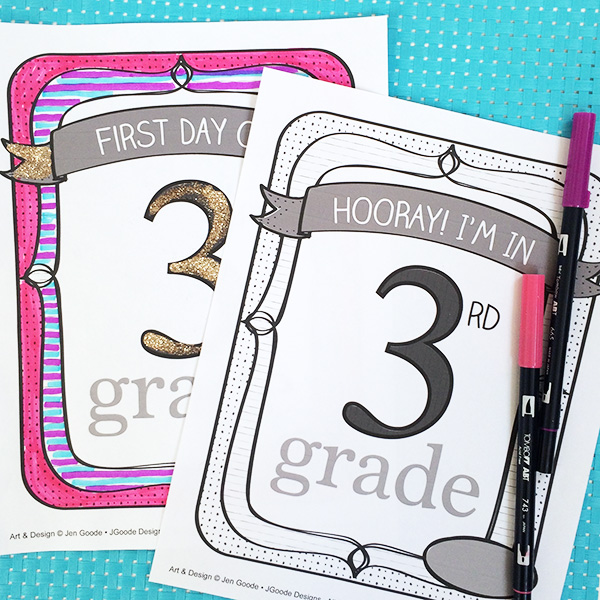 Personalized School Sign Printable and Coloring Pages designed by Jen Goode