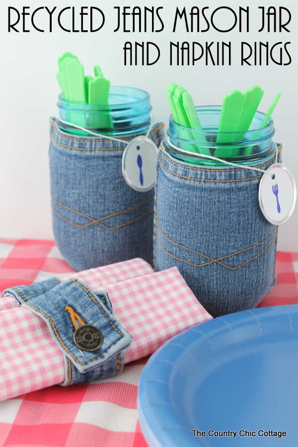 recycled jeans mason jar with napkin rings