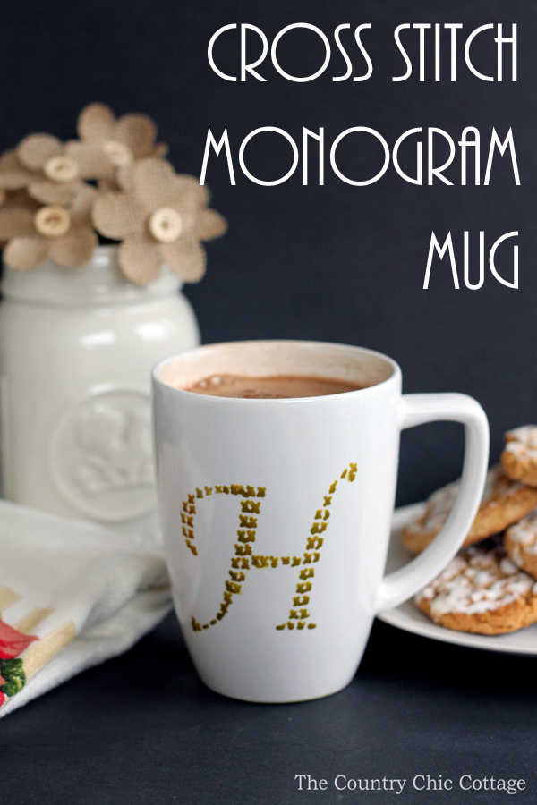 cross stitch monogram mug pin image