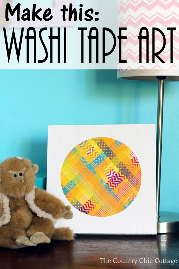 Washi tape wall art on canvas next to stuffed monkey with text over lay saying "make this: washi tape art"