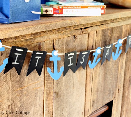 Make this nautical baby shower banner in minutes! Uses chalkboard elements so it can be re-used later as a decoration for the nursery.