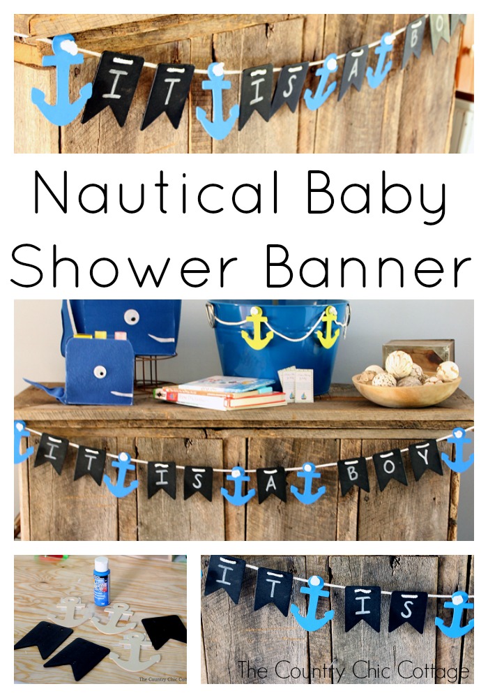 Make this nautical baby shower banner in minutes! Uses chalkboard elements so it can be re-used later as a decoration for the nursery.