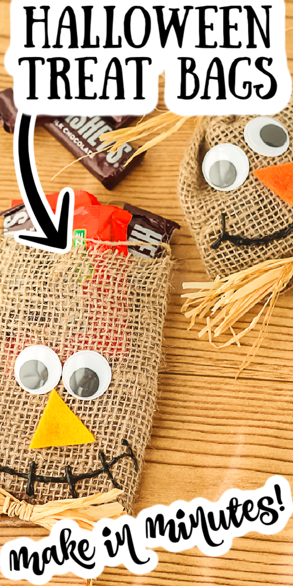 Make these DIY Halloween treat bags easily with just a few supplies! These cute scarecrow goodie bags are perfect for fall and all of your celebrations! #halloween #treatbags #scarecrow #burlap