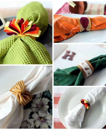 Thanksgiving napkin ring ideas -- five ideas for Thanksgiving or your fall dinner party.