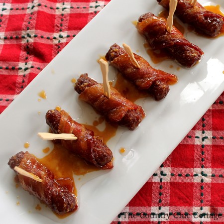 Get this recipe for brown sugar bacon wrapped sausage appetizers today! A super easy recipe that will be the hit of any holiday party!