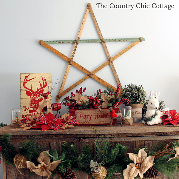 Loving these rustic Christmas mantel decorating ideas! Mason jars, burlap, and barnwood.....my favorite combination!