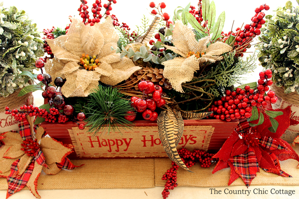 overhead shot of table centerpiece for Christmas