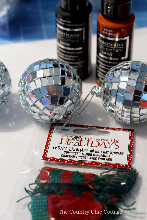 craft supplies needed to make a disco ball ornament that looks like a snowman