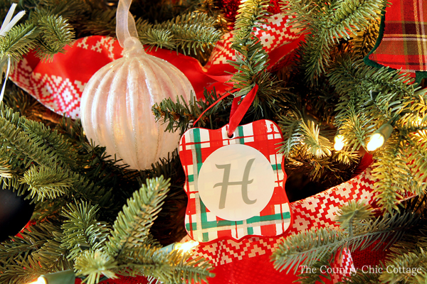 plaid christmas ornament with letter H in center