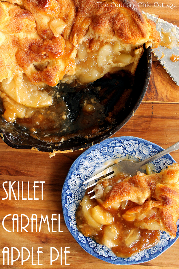 Make this skillet caramel apple pie recipe today! Uses crescent rolls as pie crust for an unexpected twist! So simple to make!