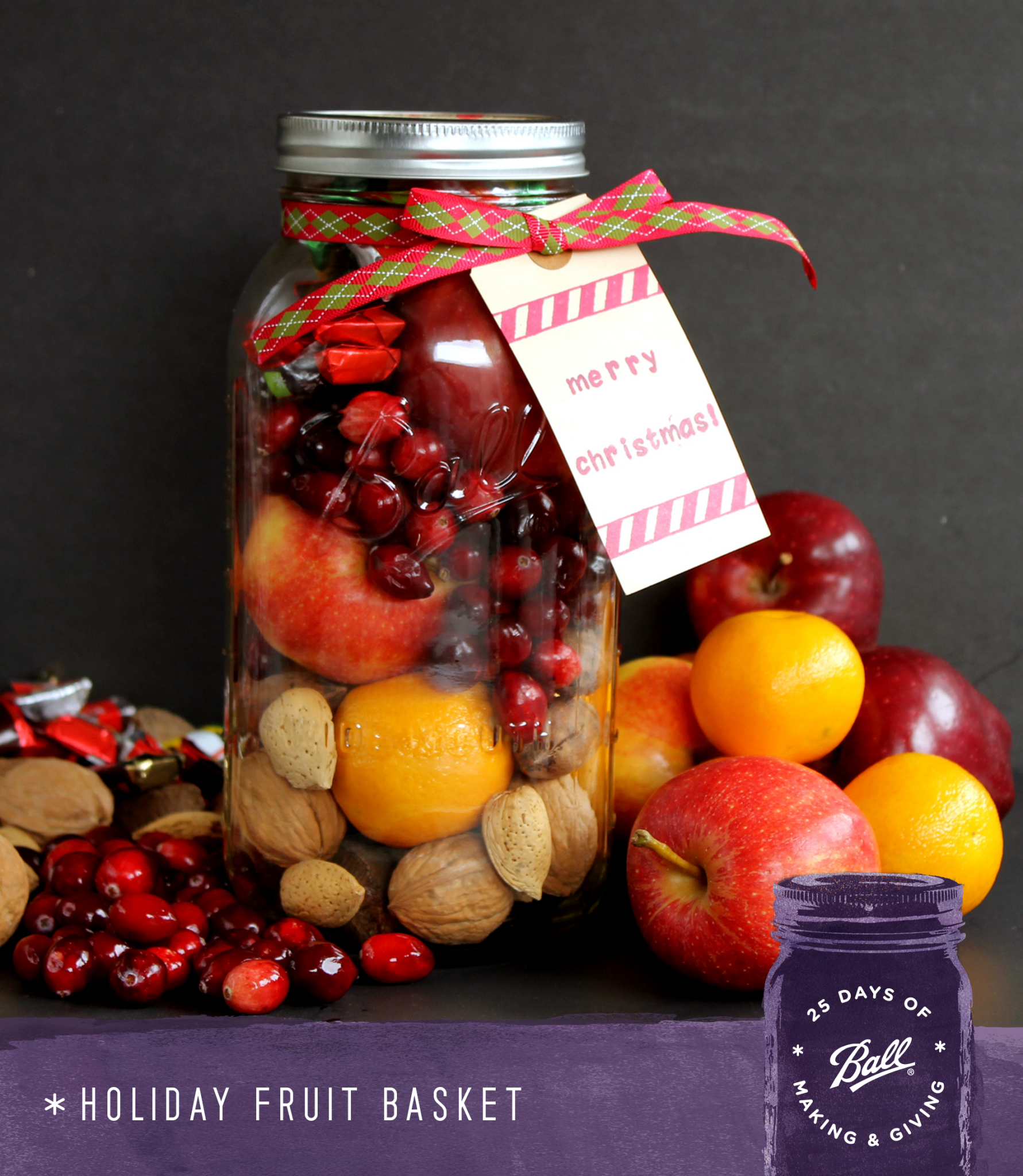 assembled fruit basket in a mason jar surrounded by fruits