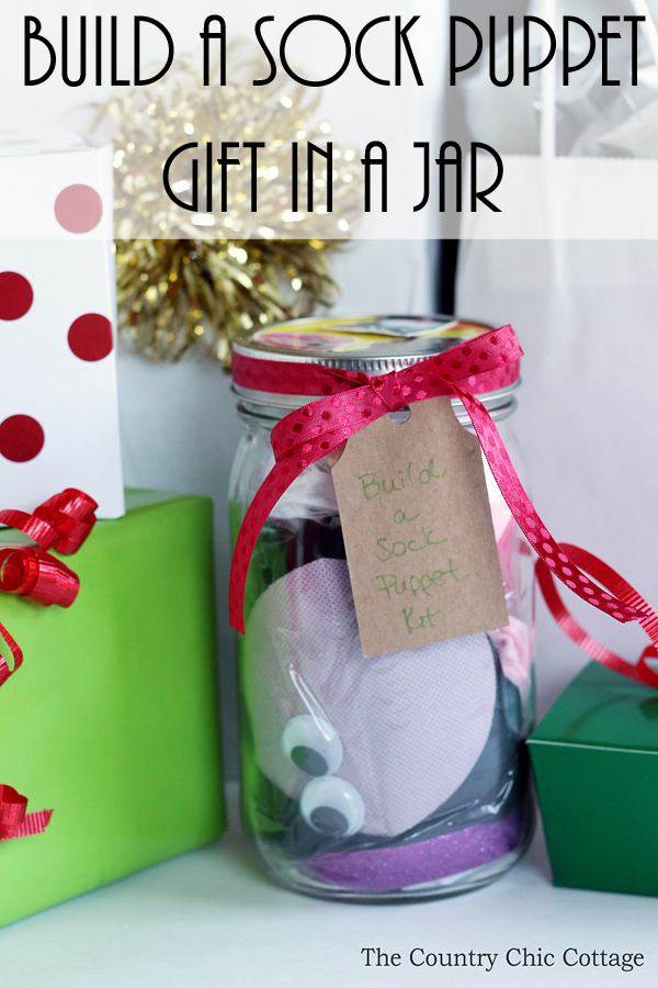 Make this build a sock puppet gift idea in just minutes for every kid on your gift giving list! This is a gift in a jar that is perfect for the holidays, birthdays, and more!