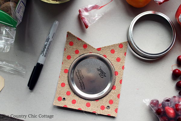 creating decorative mason jar lid with burlap fabric with red polka dots