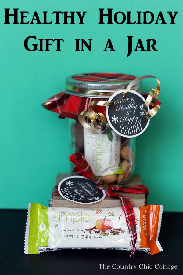 Make this healthy holiday gift in a jar in just minutes! Includes free printable healthy gift tags for any gift! A fun way to help friends and family stay on track during the holidays and the new year!