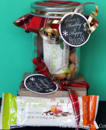 Make this healthy holiday gift in a jar in just minutes! Includes free printable healthy gift tags for any gift! A fun way to help friends and family stay on track during the holidays and the new year!