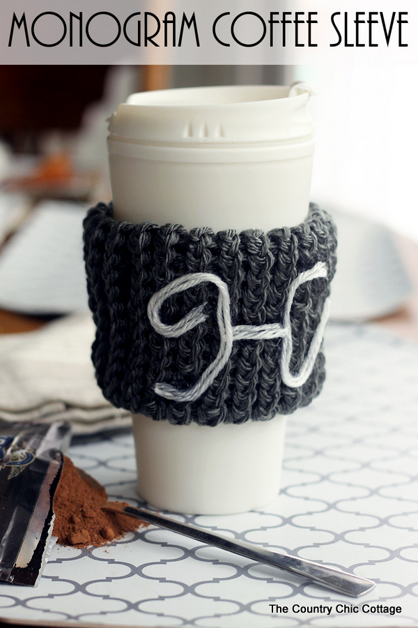 Make this monogram coffee sleeve with a knitting loom! This makes a great gift and is a great beginner's project for knitting!