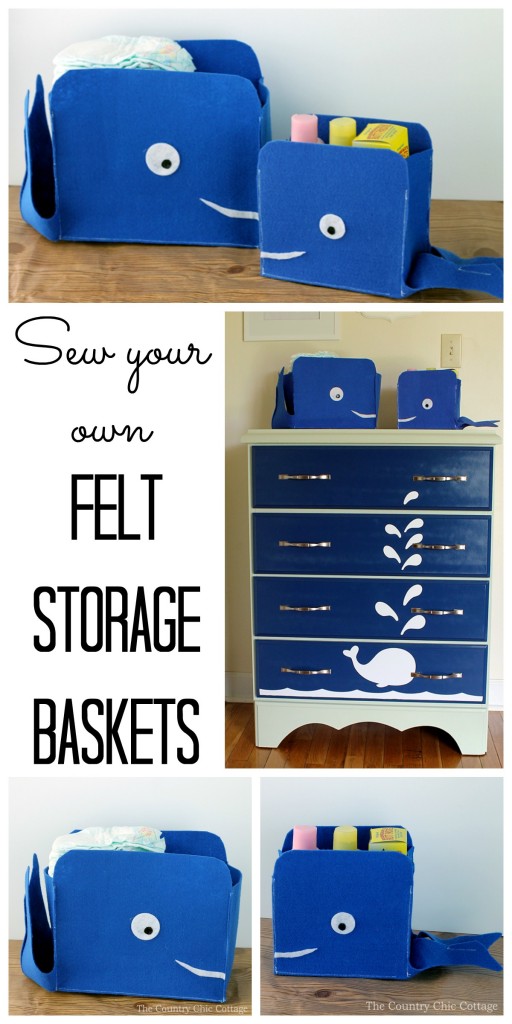 Sew your own felt storage baskets shaped like a whale! A fun organization project perfect for the kids!