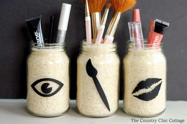 3 jars of rice with makeup accessories