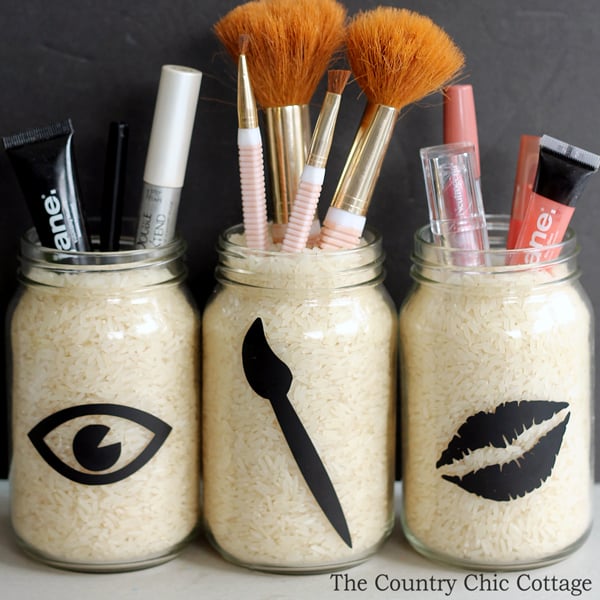 3 jars of rice with makeup accessories