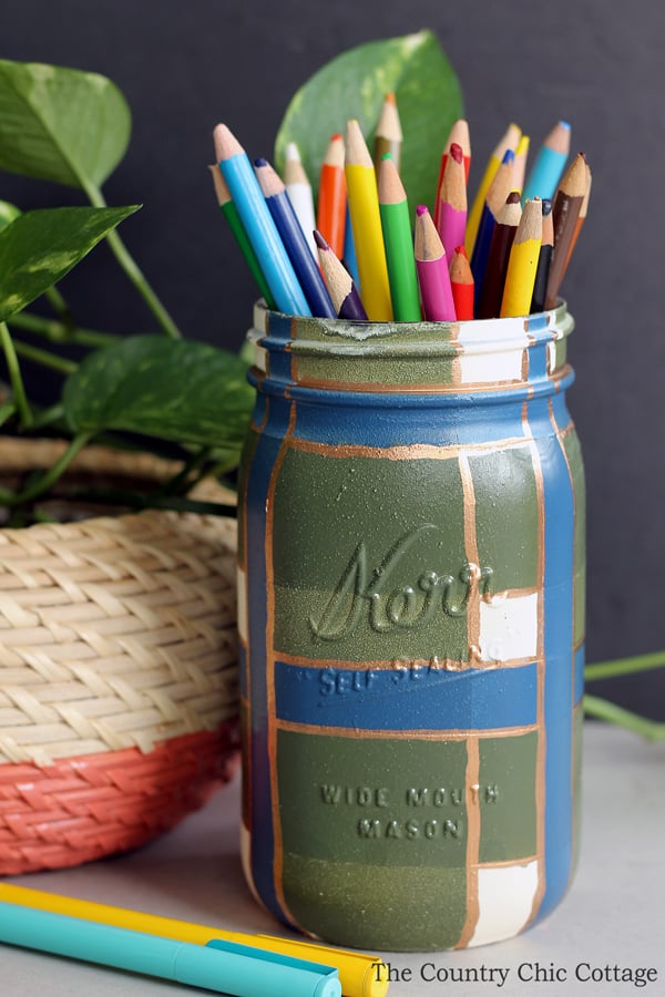 plaid mason jar with colored pencils 