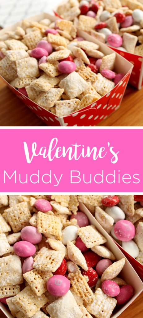 Make these Valentine's Day muddy buddies this year! This festive snack is perfect for Valentine's Day parties and more! #valentines #valentine #valentinesday #muddybuddies #recipe #yum #food #foodie #dessert #snacks