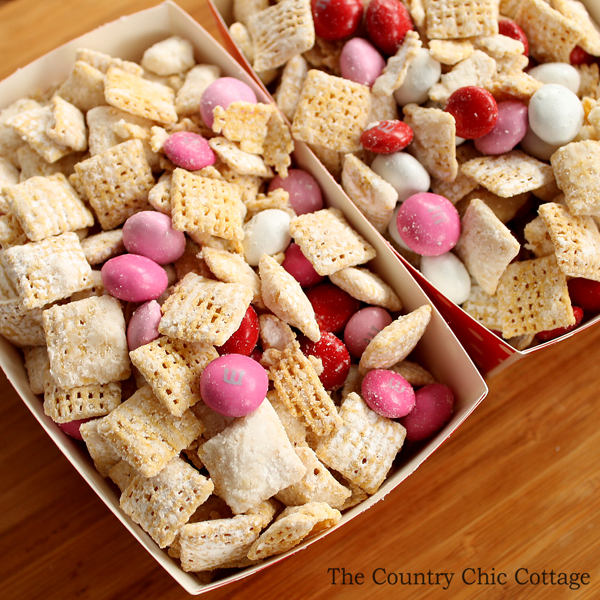 Valentine's Day muddy buddies in containers