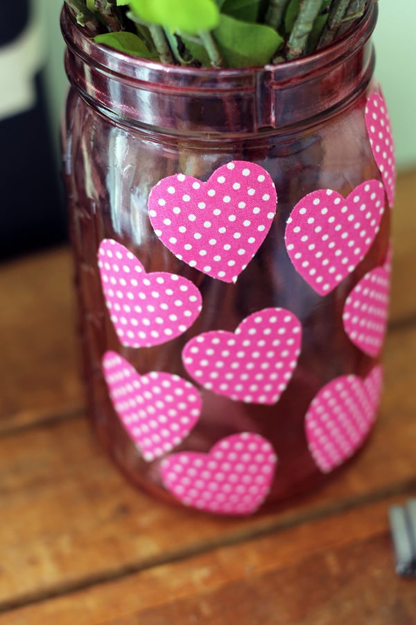 Pink, mason, jar, vase with heart shaped stickers