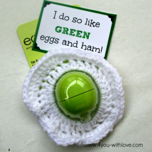 Crocheted Green Egg & Ham eos lip balm by 4 You With Love