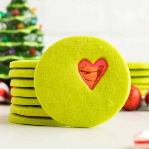 Grinch Cookies with Stained Glass Hearts by Happiness is Homemade