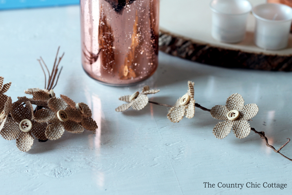 Stringing burlap flowers