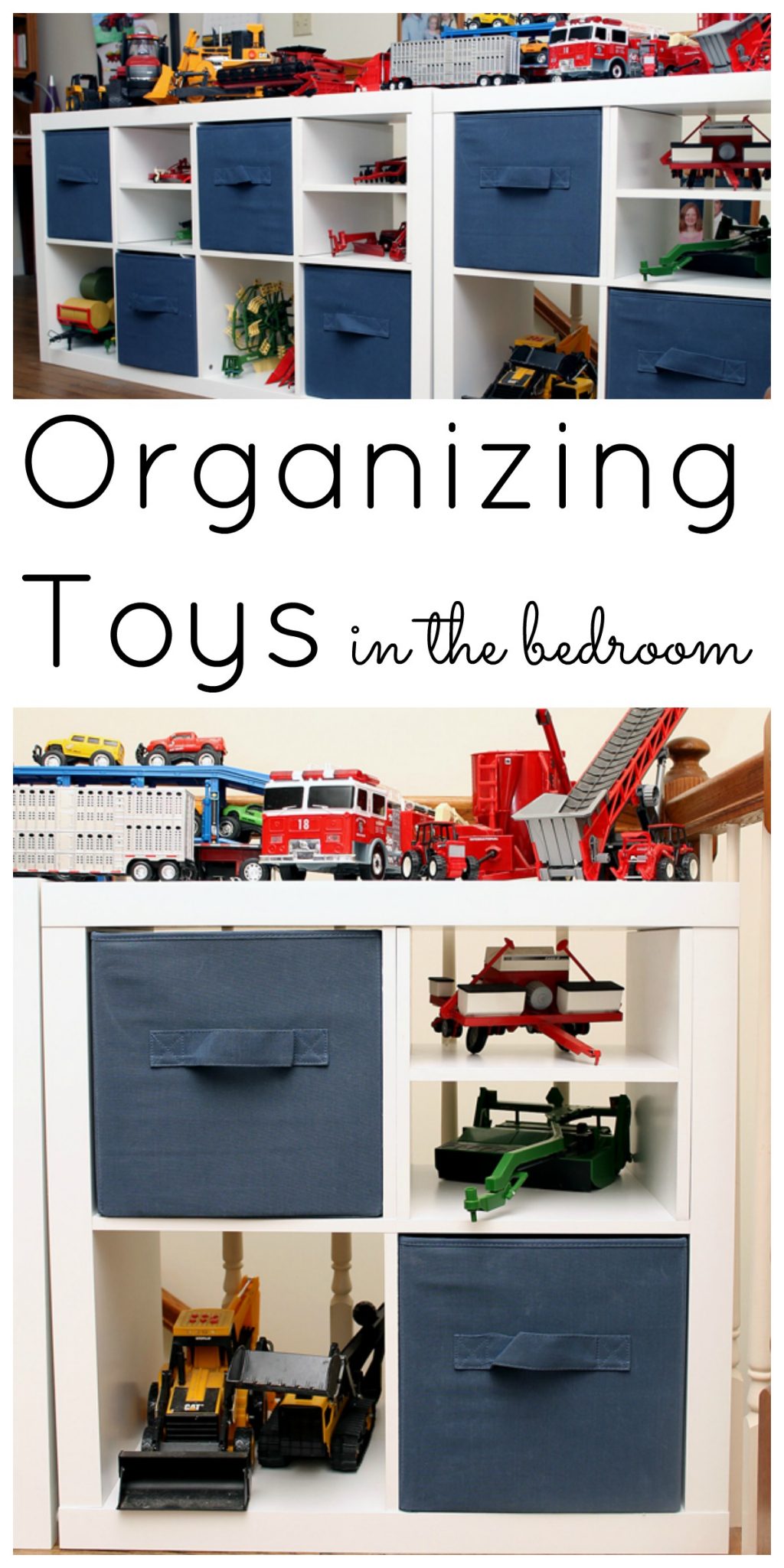 two photos of white cube organizer with navy canvas cubes and toys