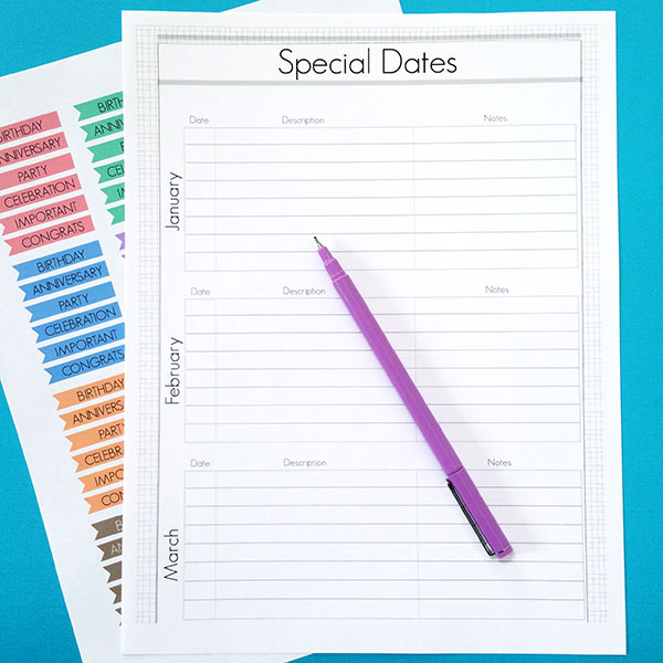 printable special dates planner page