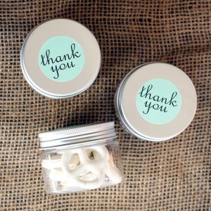 These wedding favors in small mason jars are perfect for your wedding! The jars are actually plastic so no worries about the guests breaking these wedding favors!