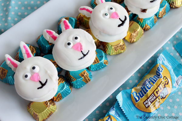 three easter bunny cookies with butterfinger candies