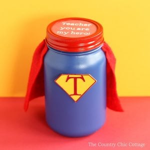 This hero teacher gift in a jar is perfect for Teacher Appreciation Week! Get the supplies you need to make this fun token of your appreciation for any teacher!
