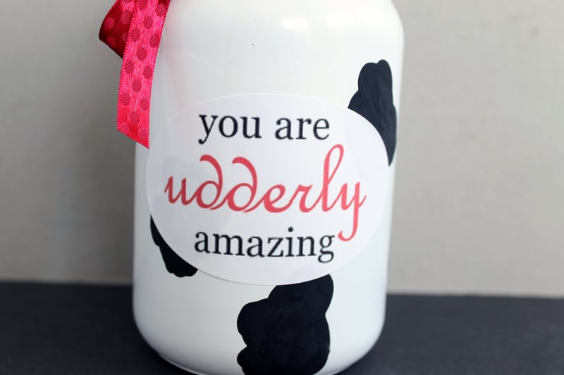 udderly amazing label on a cow print mason jar
