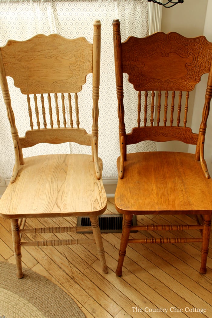 Learn how to refinish wood furniture - see the difference between stripped wood and the old finish?