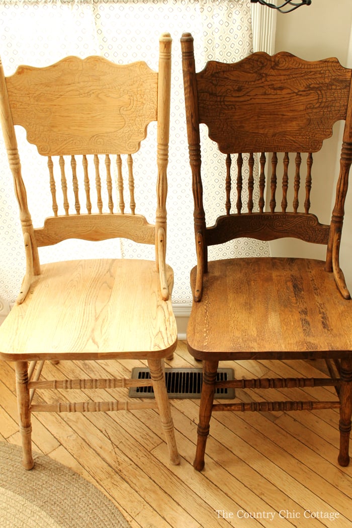 old wood chair next to stripped wood chair