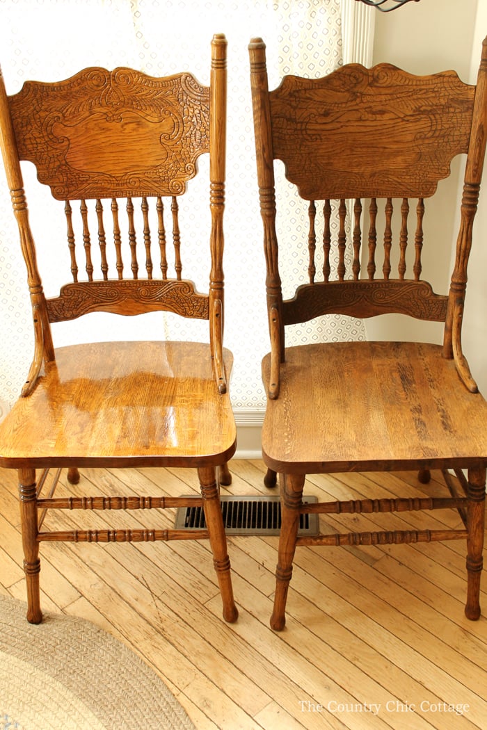 refinished wood chair next to old wood chair