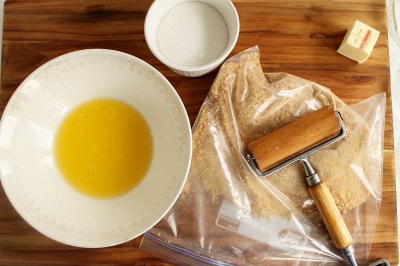 Top view of melted butter and sugar