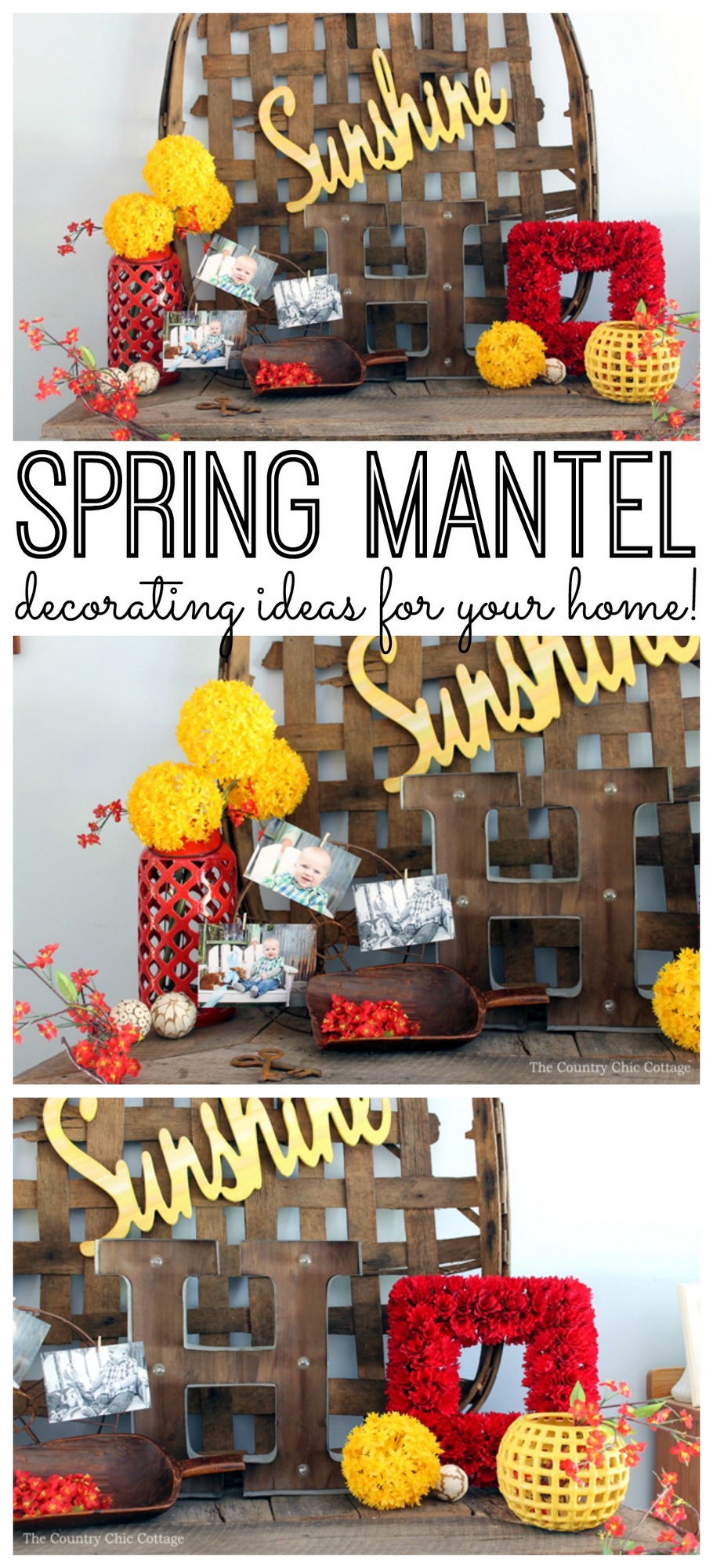 Get spring mantel decorating ideas here! A fun spring mantel that will look great in your home decor!