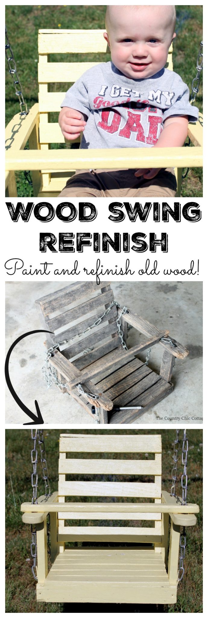 Details on this wood baby swing refinish! You can revitalize an old wooden swing like this as well!