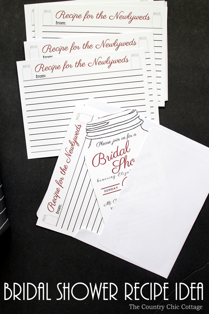 A fun bridal shower recipe idea! Send recipe cards to all of your guests with the invitation and have them bring their favorite recipes instead of a card! Free printable recipe cards included!
