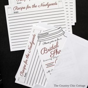 A fun bridal shower recipe idea! Send recipe cards to all of your guests with the invitation and have them bring their favorite recipes instead of a card! Free printable recipe cards included!