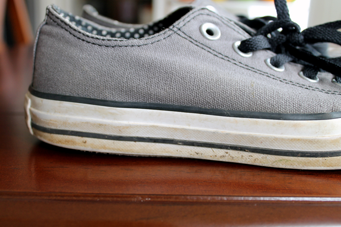 closeup of a shoe with dirty rubber sides