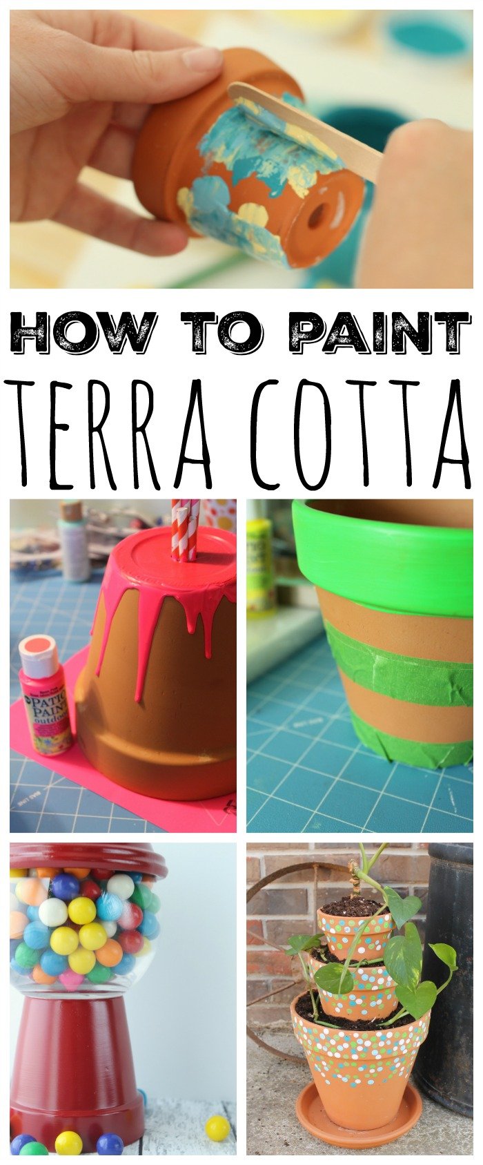 Collage photo of terra cotta planters and terra cotta crafts